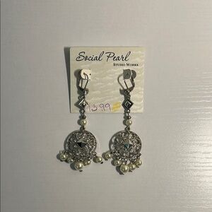 Social Pearl Silver Filigree Pearl Drop Earrings NWT
